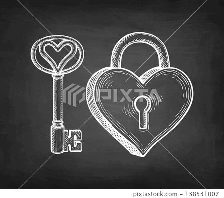 Heart shaped padlock and key. Chalk sketch. Heart shaped padlock and key. Chalk sketch. 138531007