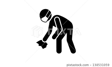 An icon of a person wearing a mask picking up trash. An icon of a person wearing a mask picking up trash. 138531059