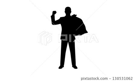 Silhouette of a man carrying a bag and raising his fist. Silhouette of a man carrying a bag and raising his fist. 138531062