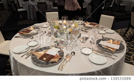 Wedding reception venue and lavish table decorations Wedding reception venue and lavish table decorations 138531089