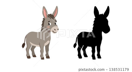 Cute grey donkey and black silhouette for children preschool development task Cute grey donkey and black silhouette for children preschool development task 138531179