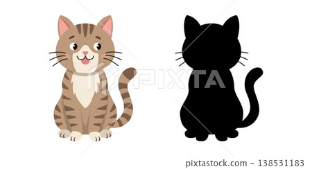 Cute striped cat and black silhouette for kids preschool task Cute striped cat and black silhouette for kids preschool task 138531183