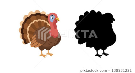 Cartoon turkey bird and black silhouette for kids logic educational task Cartoon turkey bird and black silhouette for kids logic educational task 138531221