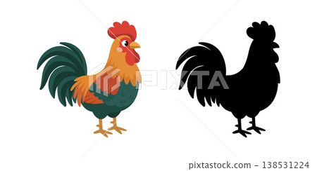 Colorful cartoon rooster and black silhouette for kids logic puzzle Colorful cartoon rooster and black silhouette for kids logic puzzle 138531224