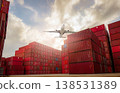 Airplane flying above container logistic. Container crisis. Freight transportation. Logistic industry. Container ship for export logistics. Container at the harbor for truck transport. Air transport. Airplane flying above container logistic. Container crisis. Freight transportation. Logistic industry. Container ship for export logistics. Container at the harbor for truck transport. Air transport. 138531389