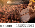 Closeup bucket of backhoe digging the soil at construction site. Crawler excavator digging on demolition site. Excavating machine. Earth moving equipment. Excavation vehicle. Construction business. Closeup bucket of backhoe digging the soil at construction site. Crawler excavator digging on demolition site. Excavating machine. Earth moving equipment. Excavation vehicle. Construction business. 138531393