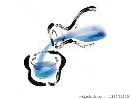 日式水墨插畫，描繪了傾倒冰鎮清酒的場景。 138531400