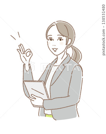 Businesswoman in a suit, winking, smiling, OK sign, resolution, reception, guidance, vector, cute Businesswoman in a suit, winking, smiling, OK sign, resolution, reception, guidance, vector, cute 138531480