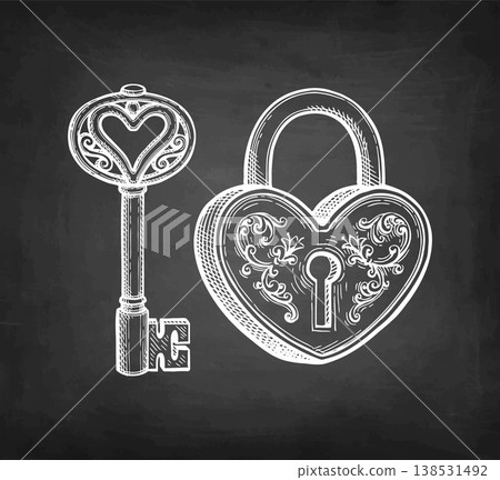 Heart shaped padlock and key. Chalk sketch. 138531492