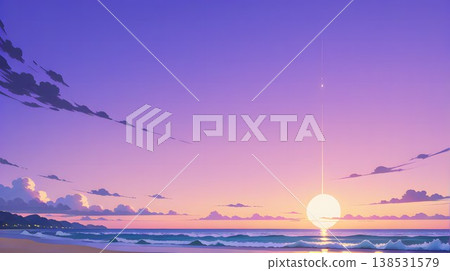 海灘上美麗的日落景色，紫色的天空，一道光束灑下。 138531579