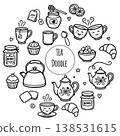 Tea and Coffee Time Doodle Set. Hand-Drawn Black Line Icons of Teapots, Cups and Spices 138531615