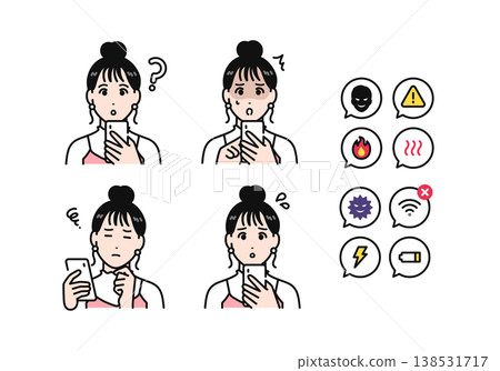 智慧型手機，頭髮紮起來的年輕女子，負面情緒，通知圖標集 138531717
