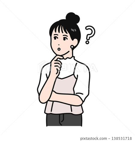 A simple vector illustration of a young woman with her hair tied up, looking like she has a question mark above her head. 138531718