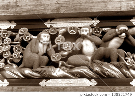 Old photo from 1956, Nikko Toshogu Shrine, Three Wise Monkeys in the Sacred Stable Old photo from 1956, Nikko Toshogu Shrine, Three Wise Monkeys in the Sacred Stable 138531749