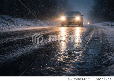 Car Headlights on Icy Road During Snowstorm at Night 138531763