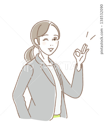 眨眼,商務,西裝女,微笑,OK 手勢,解決方案,接待,指導,向量圖。 眨眼,商務,西裝女,微笑,OK 手勢,解決方案,接待,指導,向量圖。 138532090