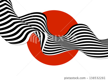 Modern abstract vector illustration with red circle and curved black and white striped ribbon in op-art and minimalism style. EPS 10 138532281
