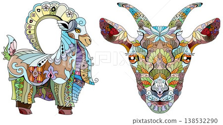 Set of decorative goats. Hand drawn decorative vector illustration Set of decorative goats. Hand drawn decorative vector illustration 138532290