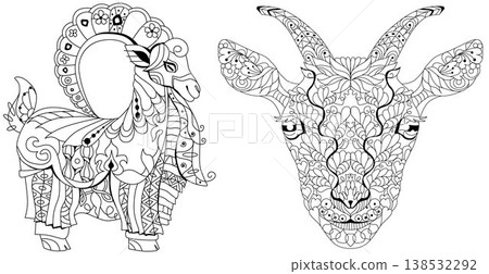 Set of decorative goats for coloring. Hand drawn decorative vector illustration Set of decorative goats for coloring. Hand drawn decorative vector illustration 138532292