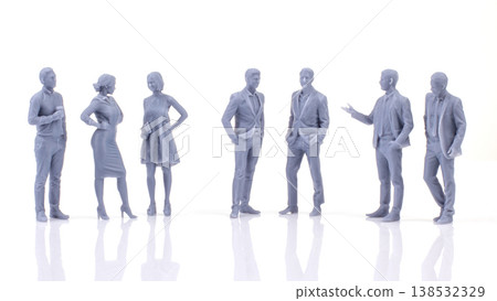 Miniature people in various poses gather together for a meeting or conversation in a bright setting Miniature people in various poses gather together for a meeting or conversation in a bright setting 138532329