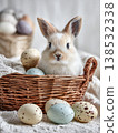 Wicker easter basket with eggs and cute bunny, generative ai 138532338