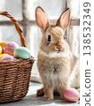 Wicker easter basket with eggs and cute bunny, generative ai 138532349