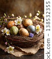 Wicker easter nest with eggs and flowers, generative ai 138532355