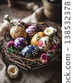 Wicker easter nest with eggs and flowers, generative ai 138532378