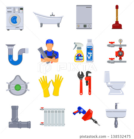 Plumbing Service Flat Icons Set 138532475