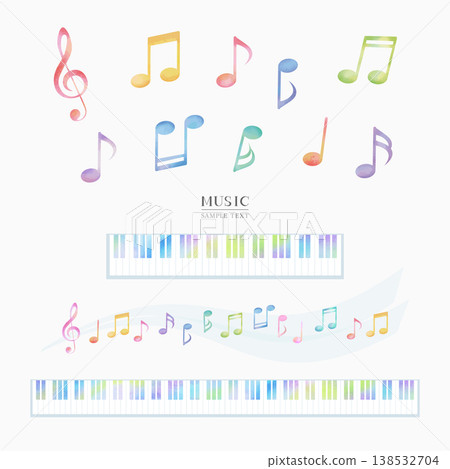 一組色彩鮮豔的音符和鍵盤按鍵插圖（水彩風格向量圖）。 138532704