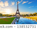 Famous Eiffel Tower view with sunset Trocadero Gardens Fountain reflection, Paris, France 138532731
