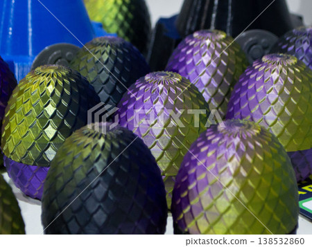 3D printed art object. Art object printed on 3D printer from melted colored plastic. Model in shape eggs created on 3D printer from threads of molten plastic. Modern additive progressive technologies 138532860