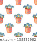 Seamless pattern with splashes and blue flowers in pots. Hand-painted illustration isolated on white background. Fresh, artistic design perfect for textile, home decor, stationery, packaging, branding 138532962