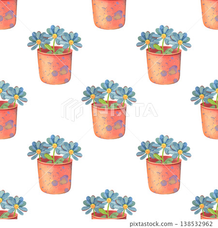Seamless pattern with splashes and blue flowers in pots. Hand-painted illustration isolated on white background. Fresh, artistic design perfect for textile, home decor, stationery, packaging, branding Seamless pattern with splashes and blue flowers in pots. Hand-painted illustration isolated on white background. Fresh, artistic design perfect for textile, home decor, stationery, packaging, branding 138532962