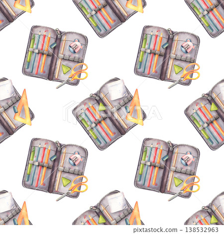 Seamless pattern, open pencil cases with school supplies. Hand-painted illustration isolated on white. Bright design perfect for stationery, back-to-school products, textiles, packaging, branding Seamless pattern, open pencil cases with school supplies. Hand-painted illustration isolated on white. Bright design perfect for stationery, back-to-school products, textiles, packaging, branding 138532963