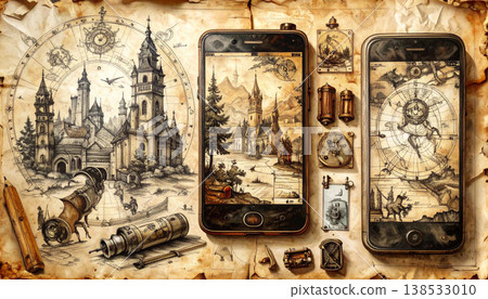 This drawing displays a modern smartphone schematic along with various internal parts. It includes artistic scenes of castles and landscapes. The design blends technology and history together. 138533010