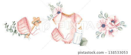 Watercolor baby girl nursery set with clothes, toys, milk bottle and floral bouquets in soft pastel colors. Hand painted watercolor illustration featuring baby girl essentials. Perfect for nursery 138533053