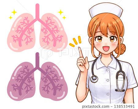 Medical illustration material of a nurse explaining the lungs. Medical illustration material of a nurse explaining the lungs. 138533491