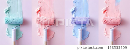Colorful Paint Rollers in Pastel Shades with paint strokes for Creative Home Decor. Concept of DIY, Home Improvement, Artistic Expression, and Bright Interiors 138533509
