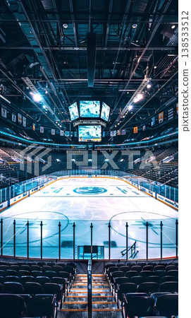 Empty Hockey Arena with Clean Ice and Bright Lights Concept of Sports Venues Competition and Preparation for Exciting Games and Events. Vertical 138533512