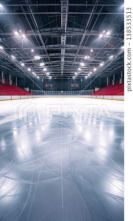 Pristine Ice in an Empty Hockey Arena Under Bright Lights Captures the Essence of Winter Sports, Anticipation of Upcoming Games, and Architectural Grandeur. Vertical Pristine Ice in an Empty Hockey Arena Under Bright Lights Captures the Essence of Winter Sports, Anticipation of Upcoming Games, and Architectural Grandeur. Vertical 138533513
