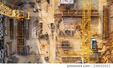 Aerial view of expansive construction site with cranes and machinery Aerial view of expansive construction site with cranes and machinery 138533521