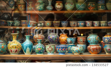 Colorful Ceramic Pottery Display in cookware Store Window. Concept of Artisanal Craftsmanship, Cultural Aesthetics, Traditional Handcrafted Art, kitchenware shop, Vibrant Home Decor, tableware Colorful Ceramic Pottery Display in cookware Store Window. Concept of Artisanal Craftsmanship, Cultural Aesthetics, Traditional Handcrafted Art, kitchenware shop, Vibrant Home Decor, tableware 138533527
