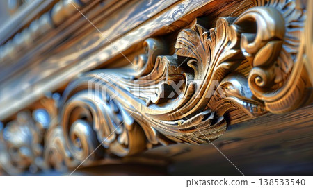 Close-Up View of Intricately Carved Wooden Panel Showcasing Detailed Artisan Skills and Exquisite Craftsmanship. Concept of nature art, and traditional wood carving 138533540