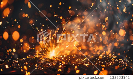 Welding Sparks in Motion Creating Dazzling Light Patterns. Concept of Metalwork, Industrial Craftsmanship, Bright Energy, Artistic Sparks 138533541