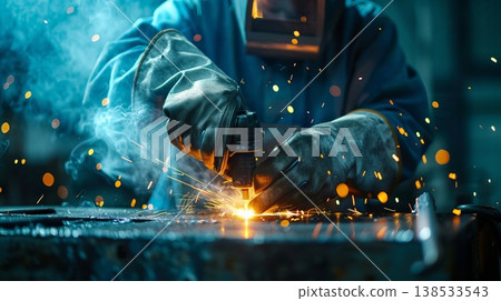 Close-Up of Welder's Upper Body, Sparks Flying in Workshop. Concept of Skilled Labor, Metalwork Precision, Industrial Safety, Craftsmanship Art 138533543