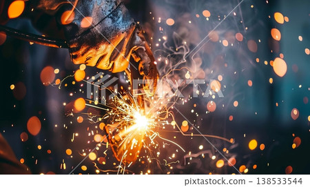 Close-up of Welder's Hand Holding Torch with Sparks Flying. Concept of Industrial Work, Skilled Labor, Safety, and Metal Fabrication 138533544