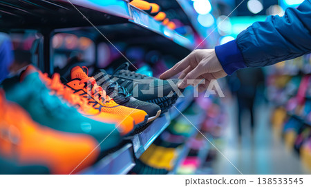 Close-Up of Hand Reaching for Stylish Sneakers on Display in Store. Concept of Shopping, Fashion Choices, Retail Experience, and Modern Footwear Close-Up of Hand Reaching for Stylish Sneakers on Display in Store. Concept of Shopping, Fashion Choices, Retail Experience, and Modern Footwear 138533545