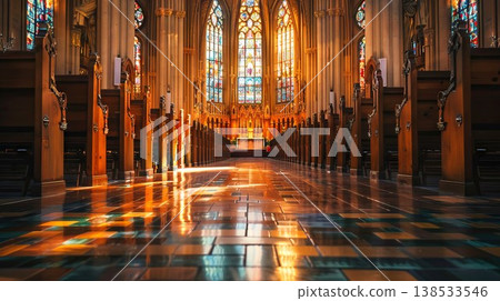 Majestic Church Interior with Ornate Wooden Pews and Stained Glass Windows Illuminated by Sunlight. Concept of Spiritual Sanctuary, Architectural Grandeur, Religious Heritage, and Sacred Space Majestic Church Interior with Ornate Wooden Pews and Stained Glass Windows Illuminated by Sunlight. Concept of Spiritual Sanctuary, Architectural Grandeur, Religious Heritage, and Sacred Space 138533546