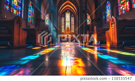 Majestic Church Interior with High Vaulted Ceiling and Vibrant Stained Glass Windows Illuminating the Aisle. Concept of Spirituality, Architectural Beauty, Peaceful Ambiance, and Historical Heritage Majestic Church Interior with High Vaulted Ceiling and Vibrant Stained Glass Windows Illuminating the Aisle. Concept of Spirituality, Architectural Beauty, Peaceful Ambiance, and Historical Heritage 138533547